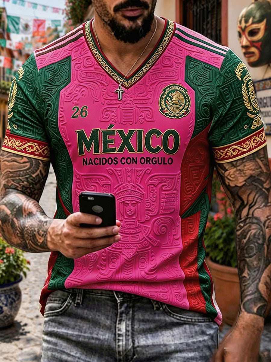 Camiseta con cuello en V impresa del arte del amante del fútbol de México de los hombres