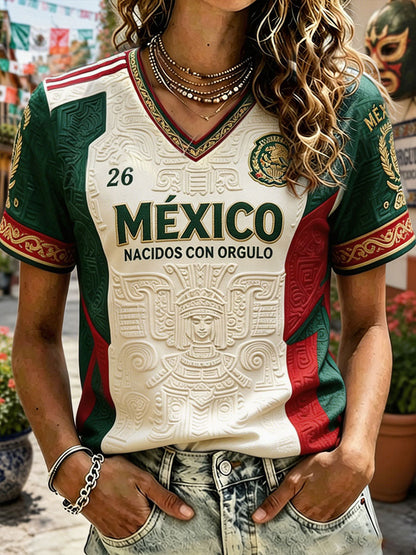 Camiseta estampada con diseño artístico de amor por el fútbol mexicano para mujer
