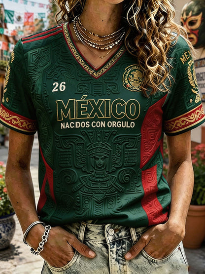 Camiseta estampada con diseño artístico de amor por el fútbol mexicano para mujer