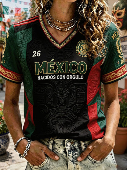 Camiseta estampada con diseño artístico de amor por el fútbol mexicano para mujer