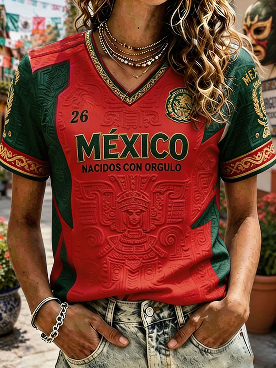 Camiseta estampada con diseño artístico de amor por el fútbol mexicano para mujer