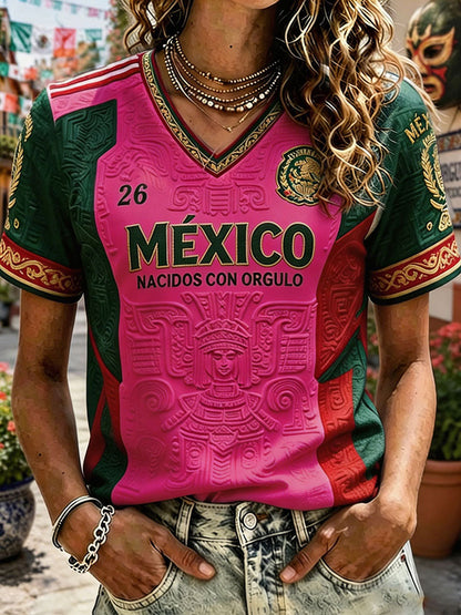 Camiseta estampada con diseño artístico de amor por el fútbol mexicano para mujer