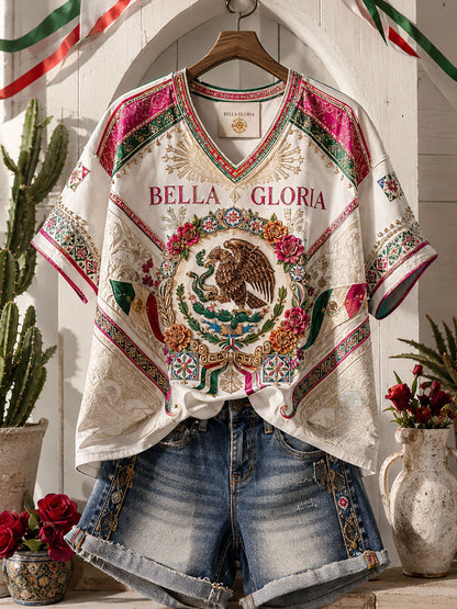 Camiseta de lino estampada con diseño del orgullo mexicano para mujer