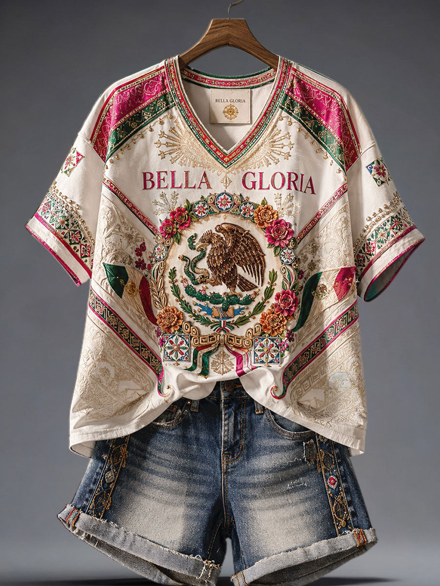 Camiseta de lino estampada con diseño del orgullo mexicano para mujer