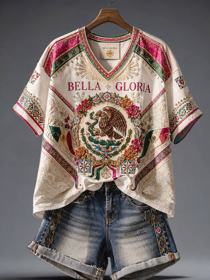 Camiseta de lino estampada con diseño del orgullo mexicano para mujer