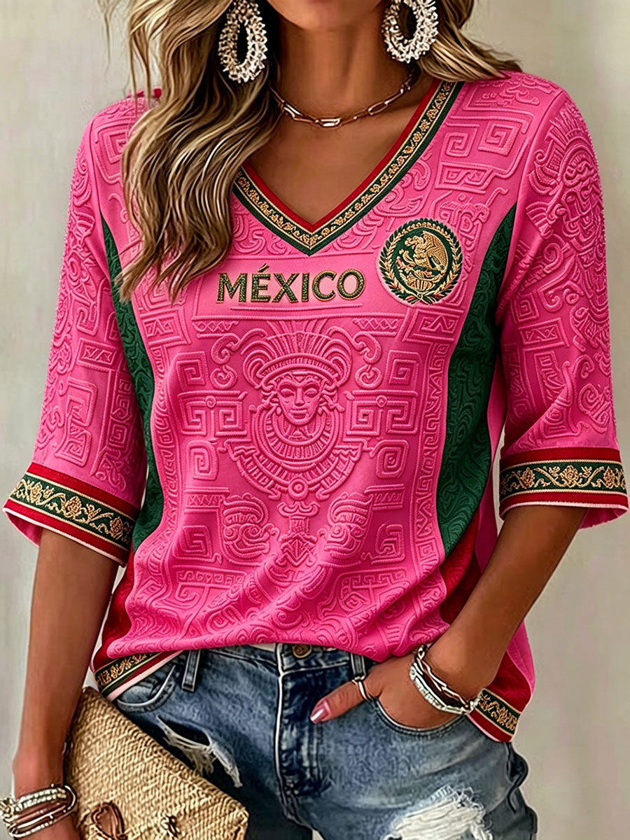 Camiseta estampada con diseño artístico de amor por el fútbol mexicano para mujer