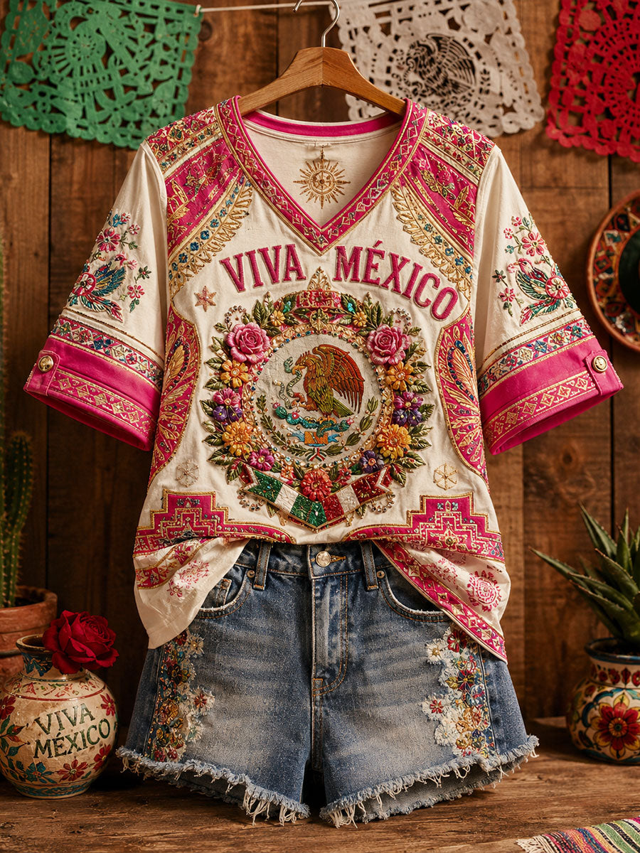 Camiseta de lino estampada con diseño del orgullo mexicano para mujer