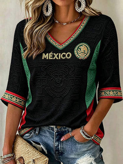 Camiseta estampada con diseño artístico de amor por el fútbol mexicano para mujer