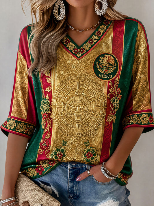 Camiseta con estampado artístico de partido de fútbol femenino mexicano