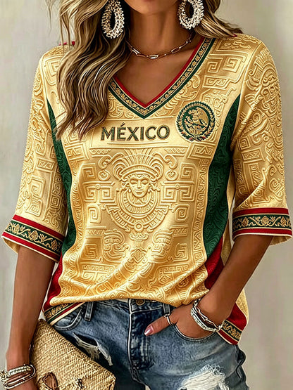 Camiseta estampada con diseño artístico de amor por el fútbol mexicano para mujer