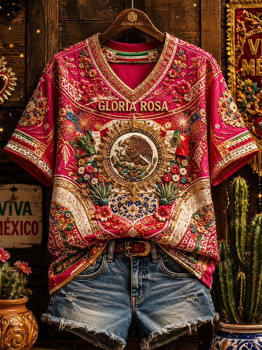 Camiseta de lino estampada con diseño del orgullo mexicano para mujer