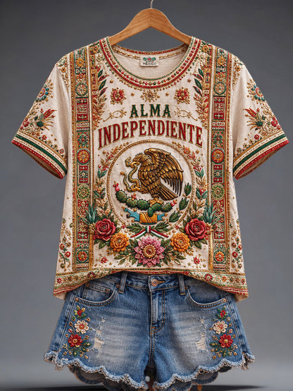 Camiseta de lino estampada con diseño del orgullo mexicano para mujer