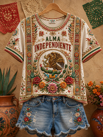 Camiseta de lino estampada con diseño del orgullo mexicano para mujer