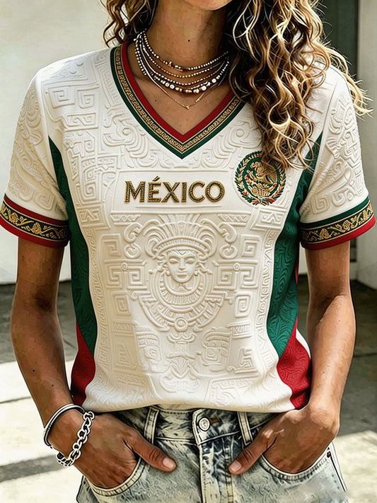 Camiseta estampada con diseño artístico de amor por el fútbol mexicano para mujer