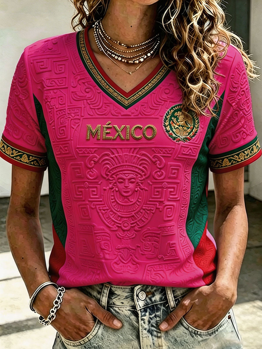 Camiseta estampada con diseño artístico de amor por el fútbol mexicano para mujer