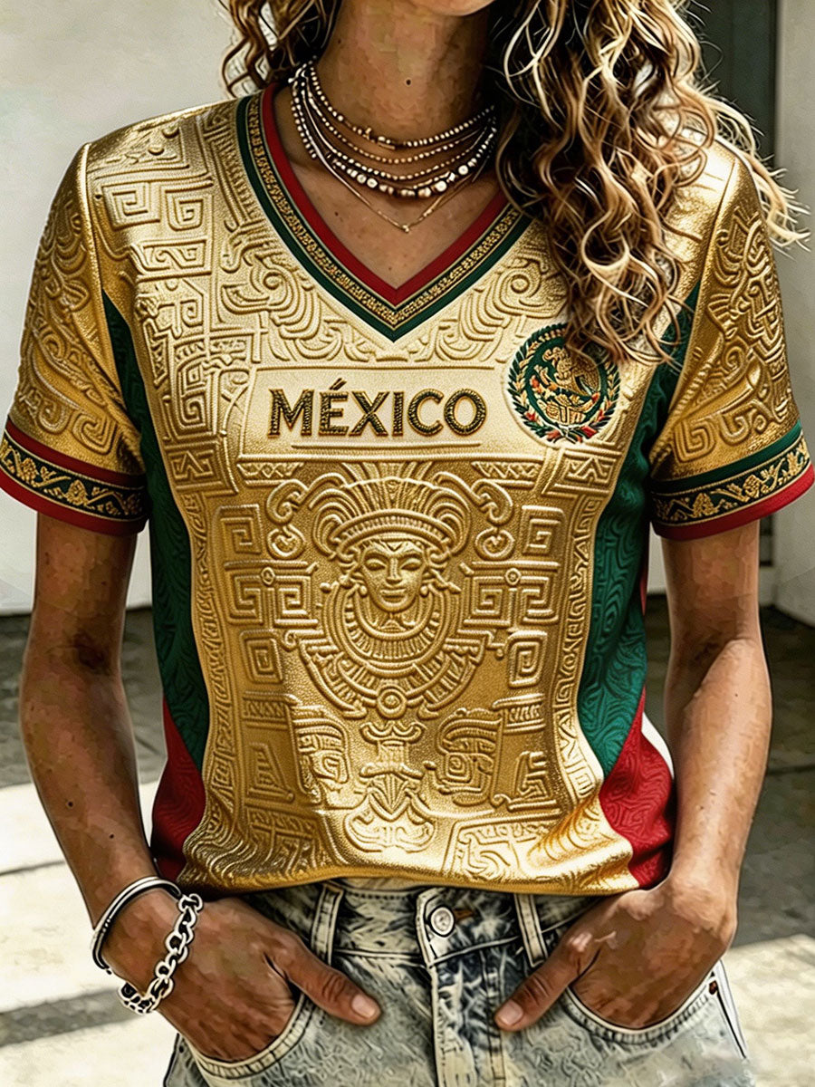 Camiseta estampada con diseño artístico de amor por el fútbol mexicano para mujer