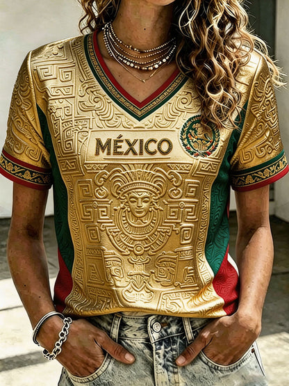 Camiseta estampada con diseño artístico de amor por el fútbol mexicano para mujer