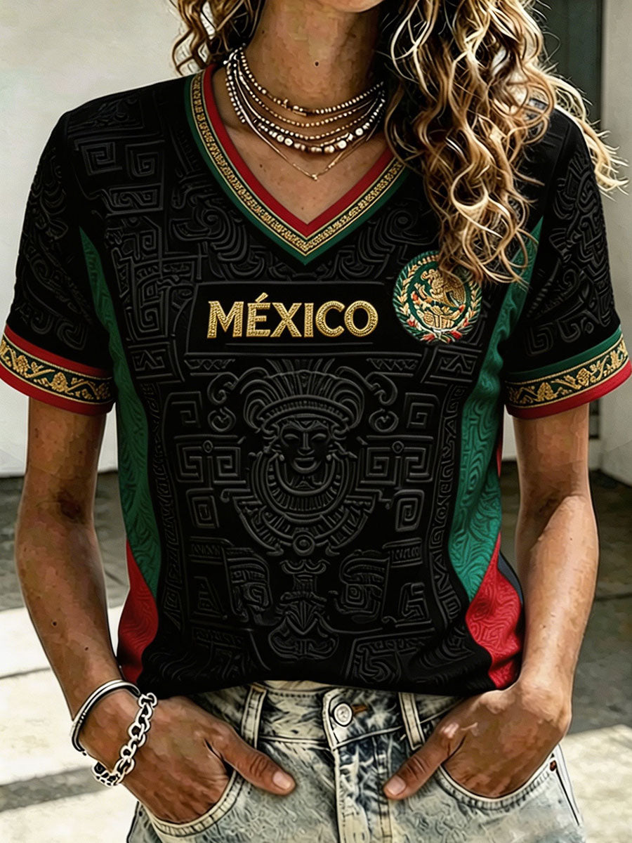 Camiseta estampada con diseño artístico de amor por el fútbol mexicano para mujer