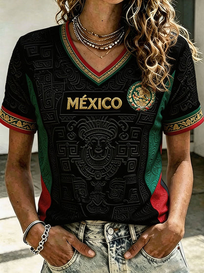 Camiseta estampada con diseño artístico de amor por el fútbol mexicano para mujer