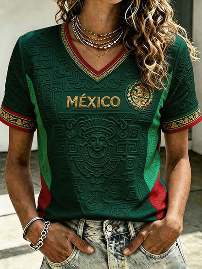 Camiseta estampada con diseño artístico de amor por el fútbol mexicano para mujer
