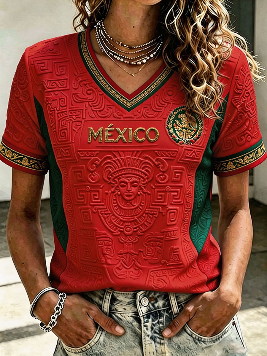 Camiseta estampada con diseño artístico de amor por el fútbol mexicano para mujer