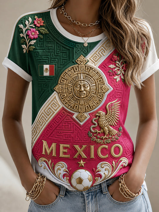 Camiseta con estampado artístico de animación a un partido de fútbol femenino mexicano