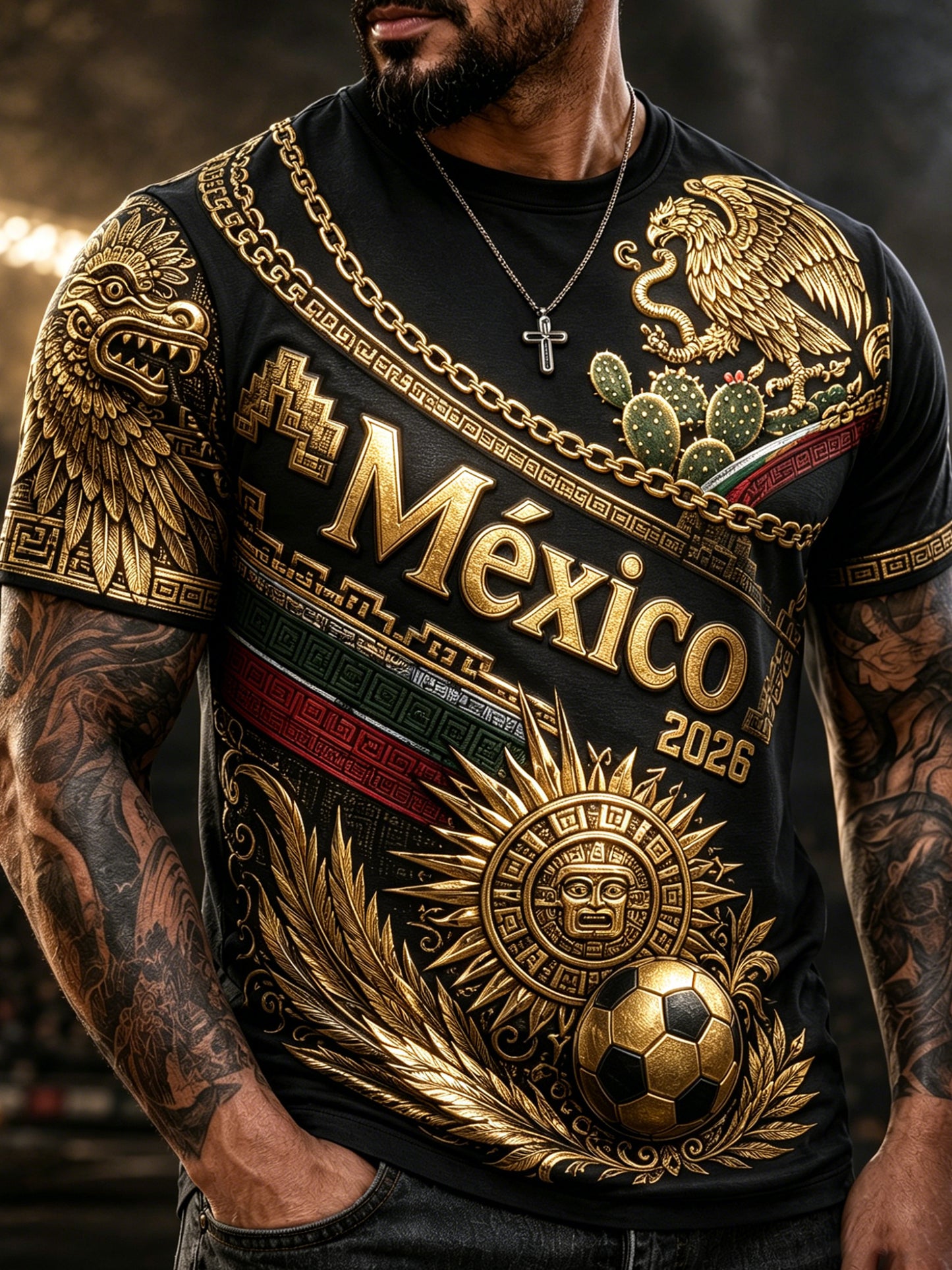 Camiseta con estampado artístico de aficionados al fútbol mexicano