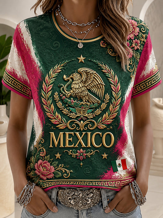 Camiseta con estampado artístico de animación a un partido de fútbol femenino mexicano