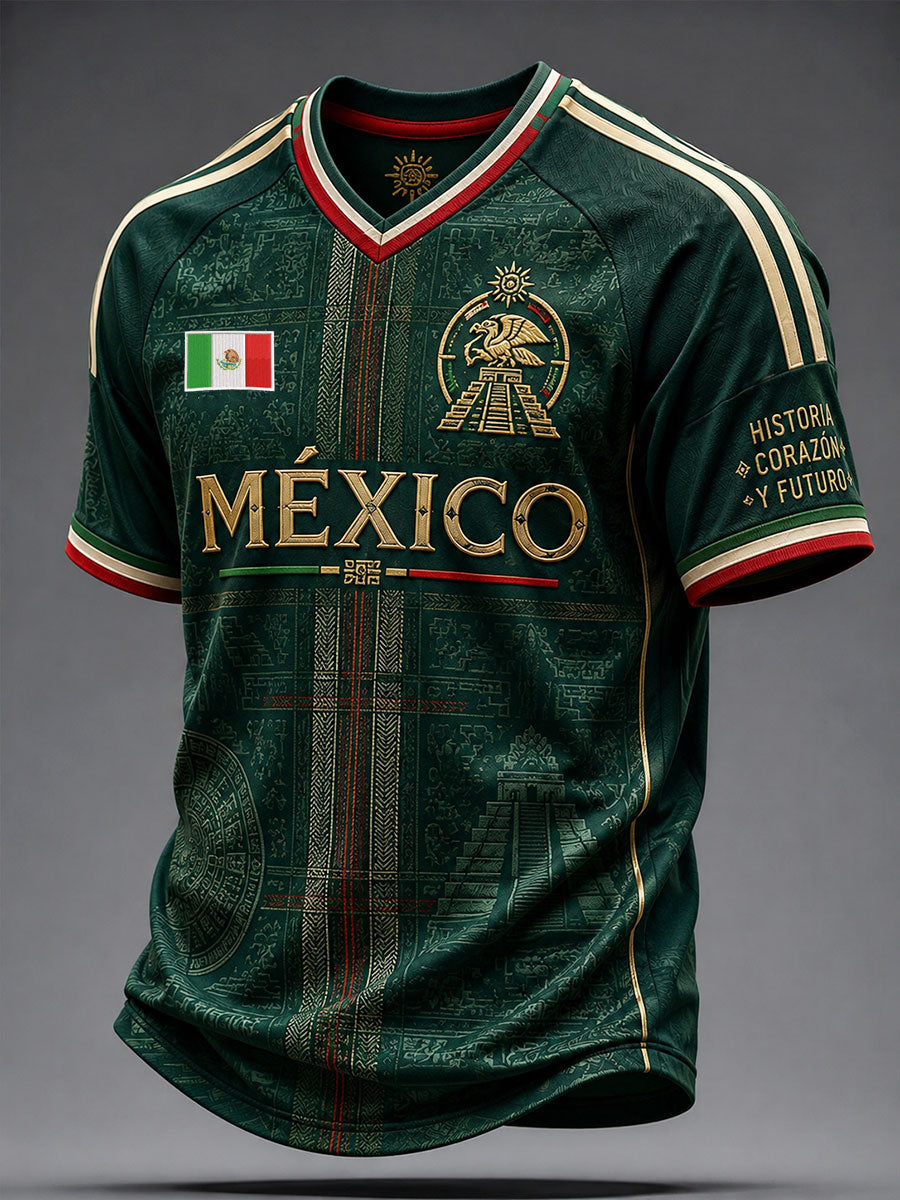 Camiseta de hombre con cuello en V y estampado artístico sobre el amor por el fútbol mexicano