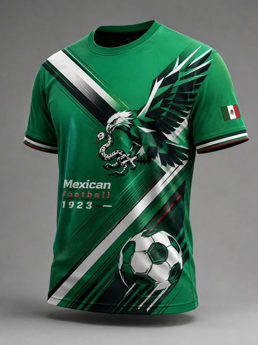 Camiseta con estampado artístico de elementos de animación para partidos de fútbol mexicano
