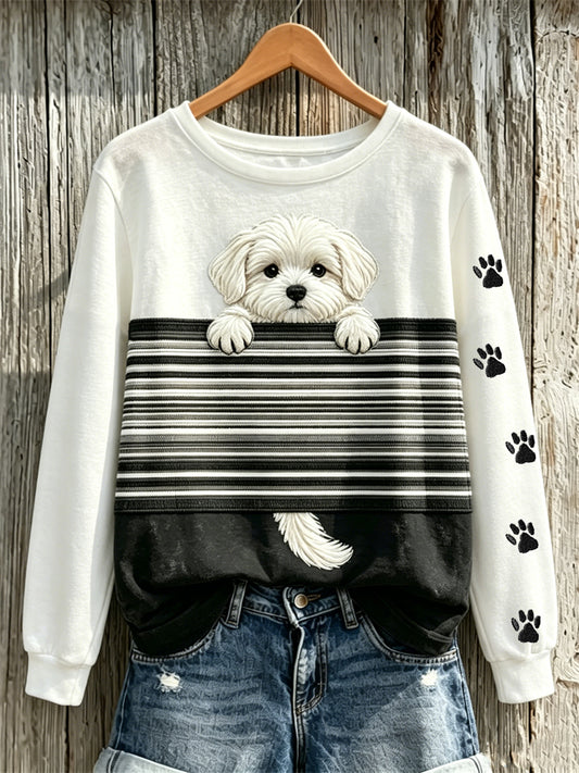 Sudadera Mujer Peeking Maltese Dog & Paw Prints Colorblock Print