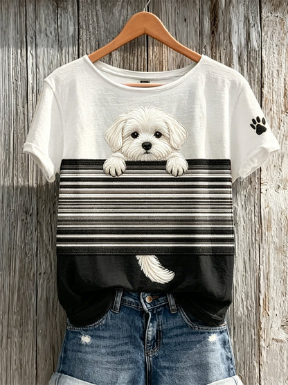 Camiseta de manga corta con estampado de color de perro maltés Peeking para mujer