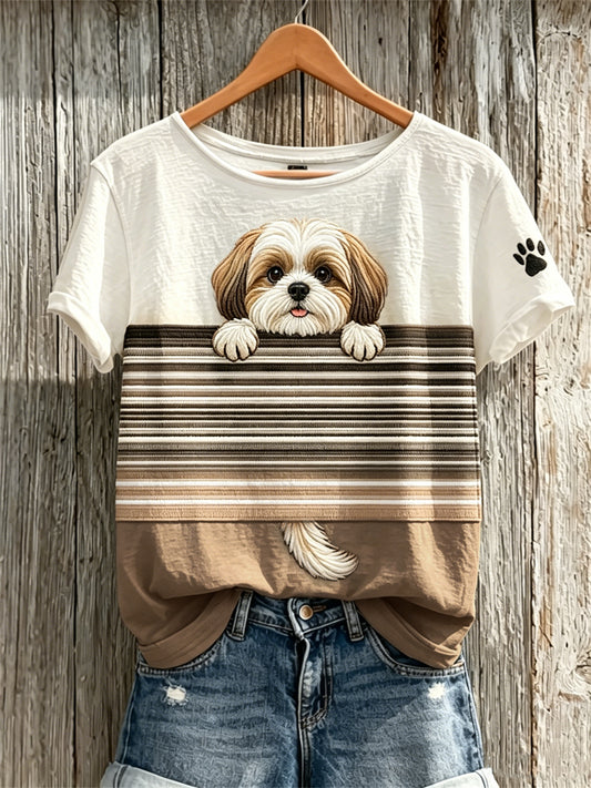 Peeking Shih Tzu Dog & Paw Print Colorblock Print camiseta de manga corta para mujer