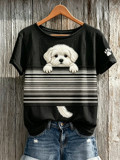 Camiseta de manga corta con estampado de color de perro maltés Peeking para mujer