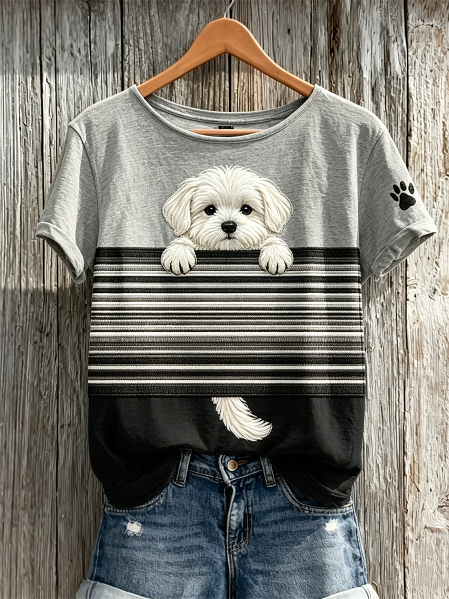 Camiseta de manga corta con estampado de color de perro maltés Peeking para mujer