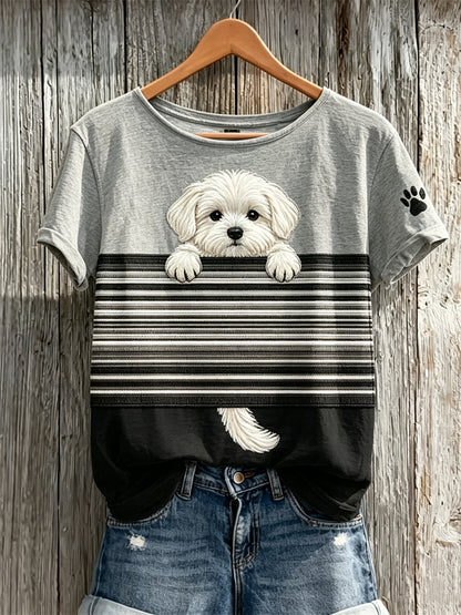 Camiseta de manga corta con estampado de color de perro maltés Peeking para mujer