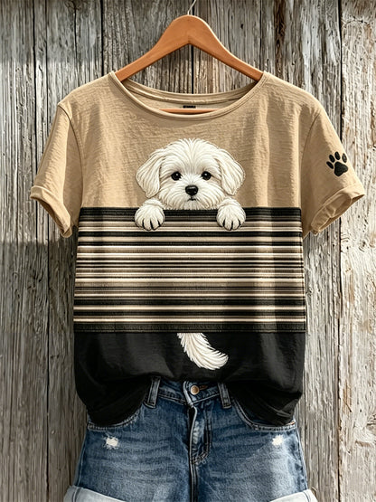 Camiseta de manga corta con estampado de color de perro maltés Peeking para mujer