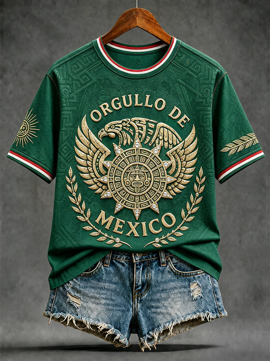 Camiseta de lino con estampado artístico para amantes del fútbol mexicano, diseño femenino