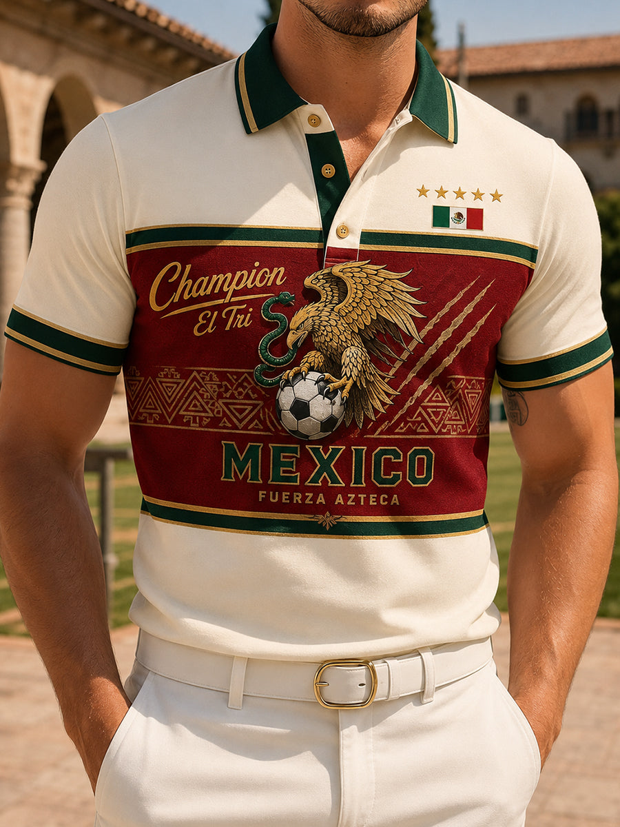 Camiseta polo con estampado artístico de elementos de animación en un partido de fútbol mexicano para hombre