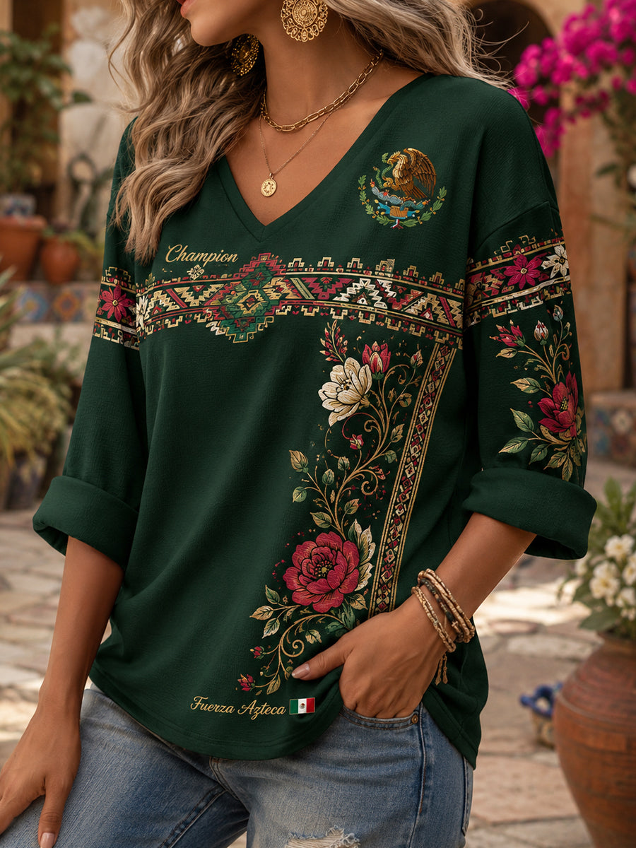 Camiseta de cuello en V con estampado artístico de elemento de animación para partido de fútbol femenino mexicano