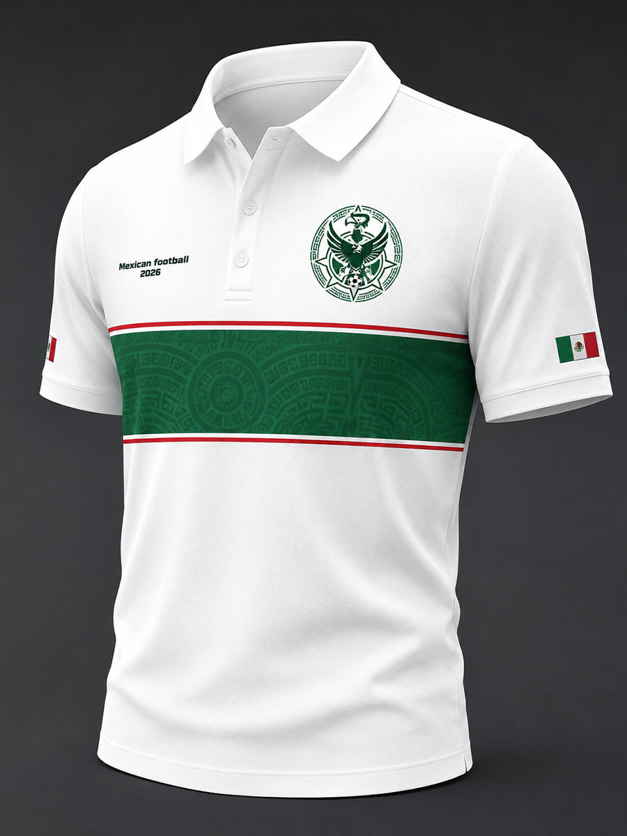 Camiseta polo con estampado artístico de elementos de animación en un partido de fútbol mexicano para hombre