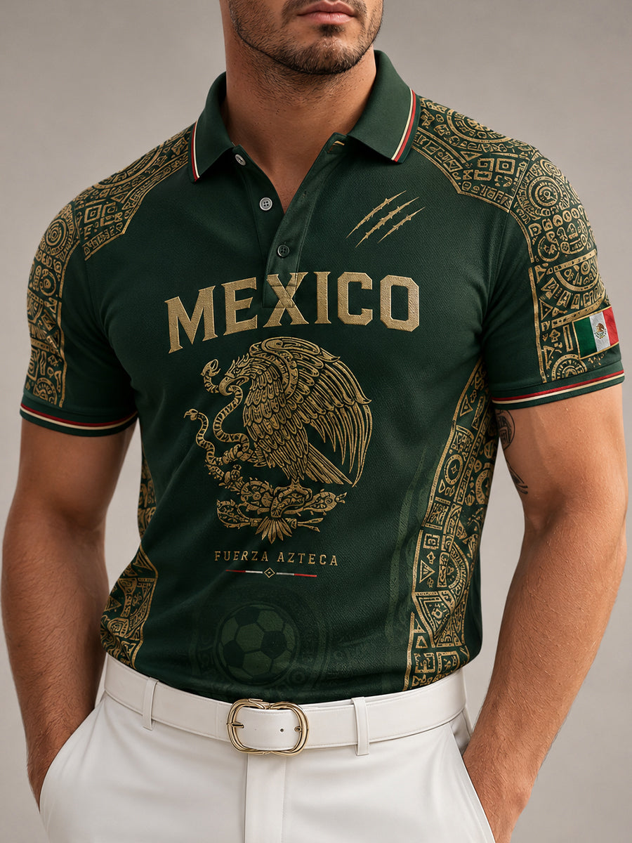 Camiseta polo con estampado artístico de elementos de animación en un partido de fútbol mexicano para hombre