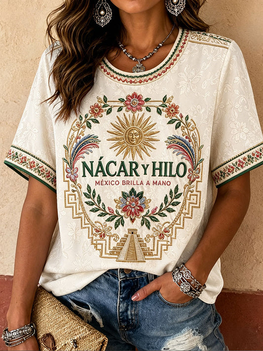 Camiseta de lino estampada con diseño del orgullo mexicano para mujer