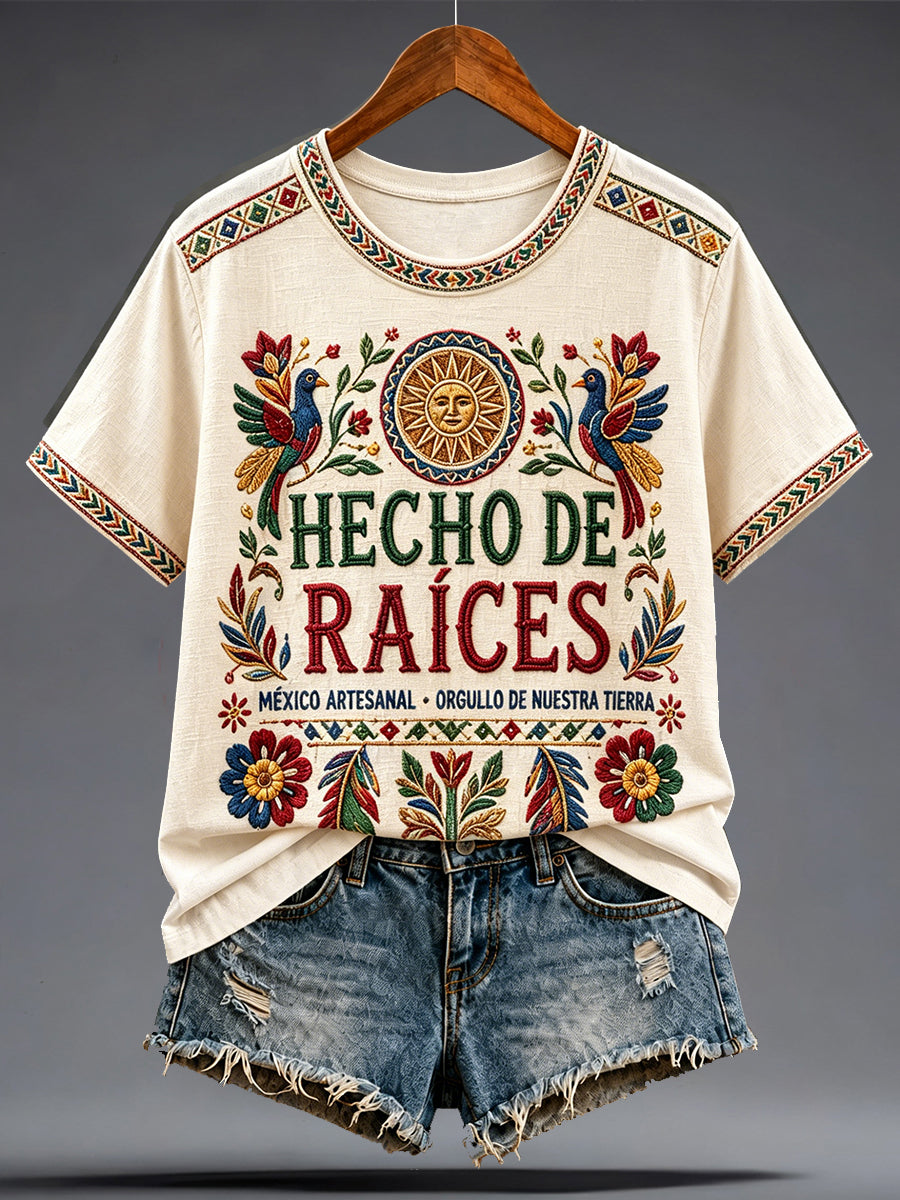 Camiseta de lino estampada con diseño del orgullo mexicano para mujer