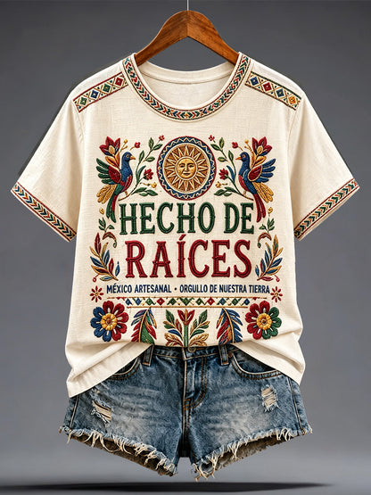 Camiseta de lino estampada con diseño del orgullo mexicano para mujer