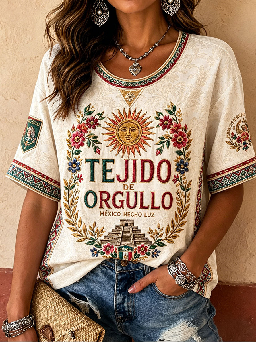 Camiseta de lino estampada con diseño del orgullo mexicano para mujer