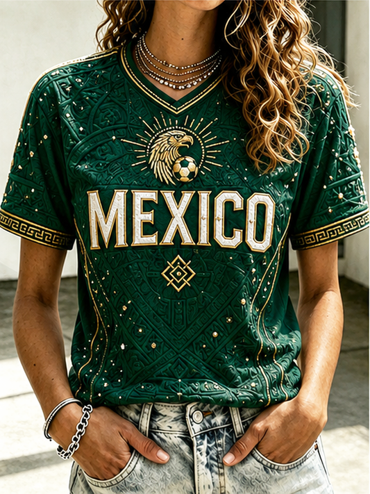 Camiseta de manga corta México Football Printed para mujer