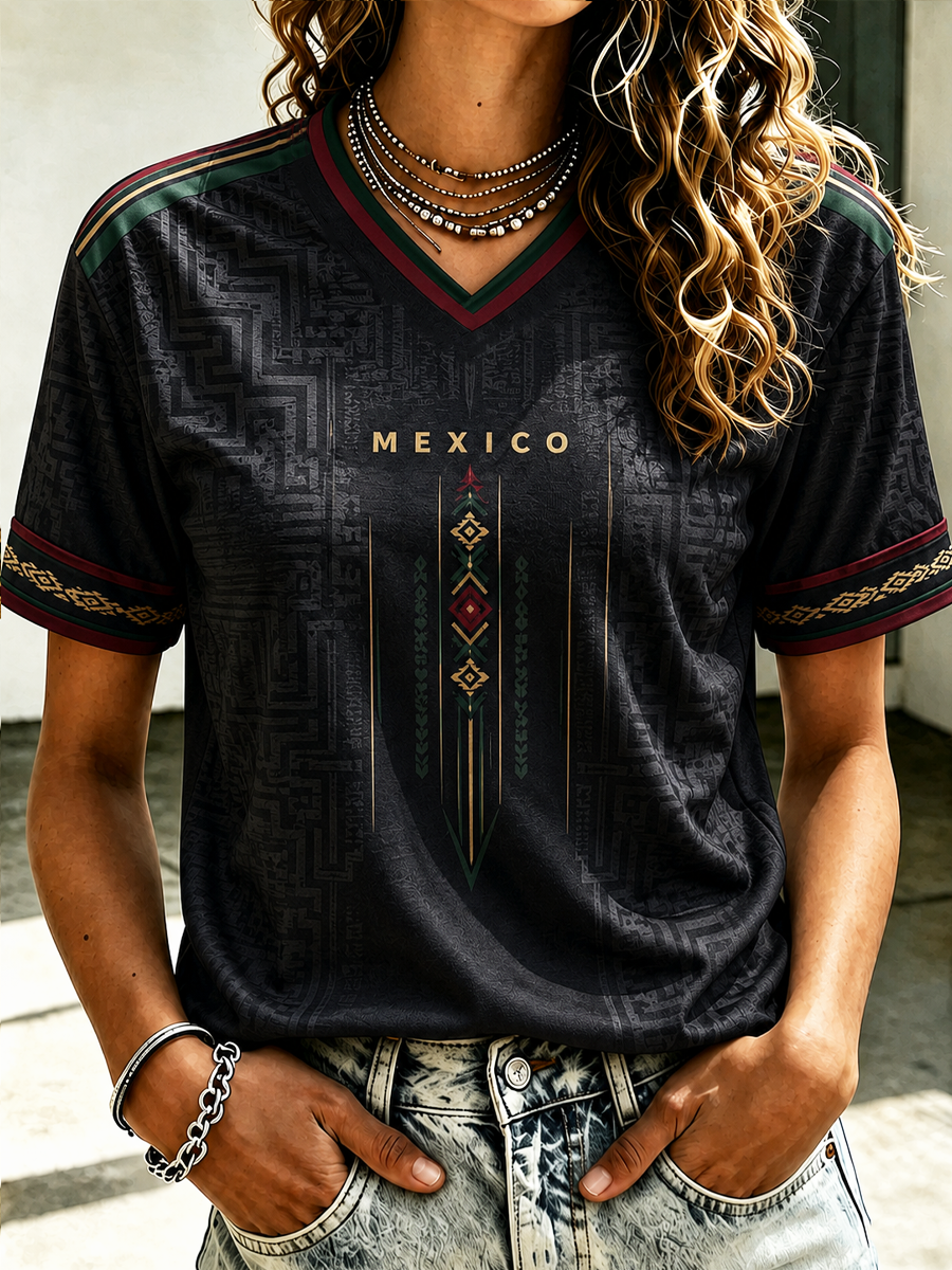 Camiseta de manga corta estampada con diseño de fútbol mexicano para mujer