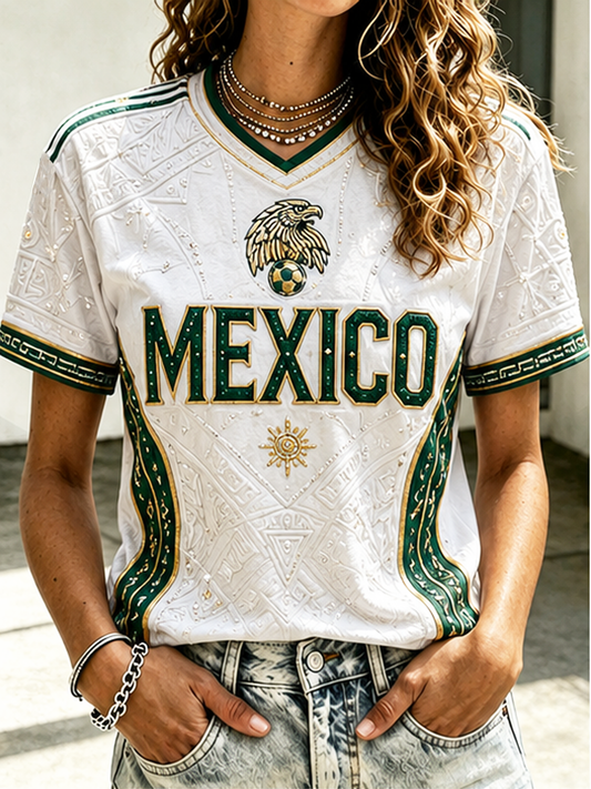 Camiseta de manga corta estampada con diseño de fútbol mexicano para mujer