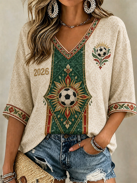 Regalo para mujeres aficionadas al fútbol: camiseta informal con estampado y cuello en V